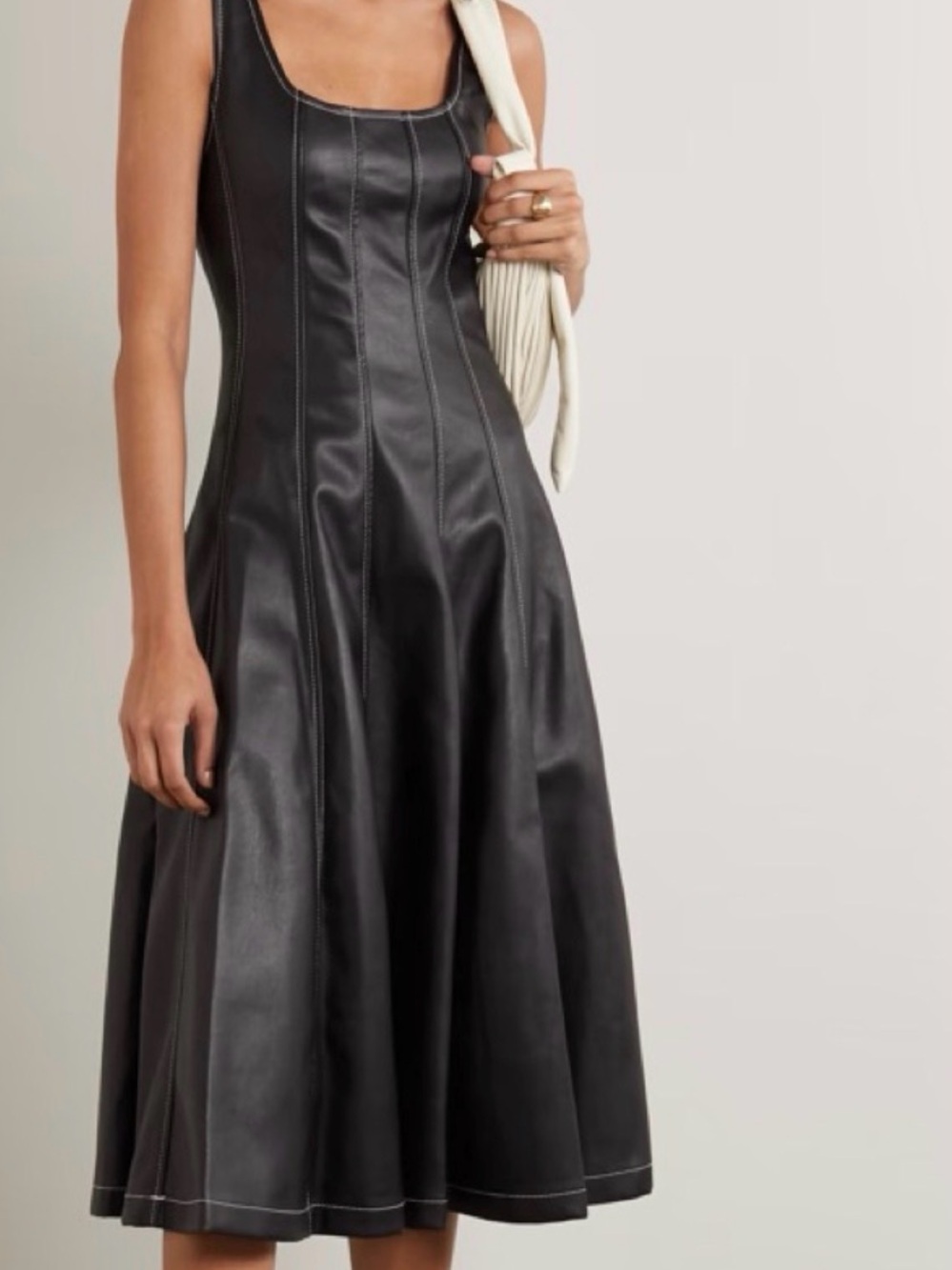 STAUD Wells Black Faux-Leather Midi Dress size 6
